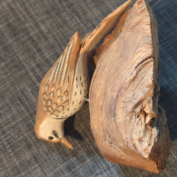 Hand Carved Bird Original Wood Carving On Driftwood Base Folk Art